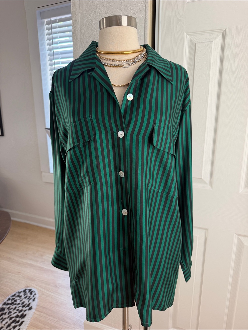 Striped Green and Black Button-Front Blouse